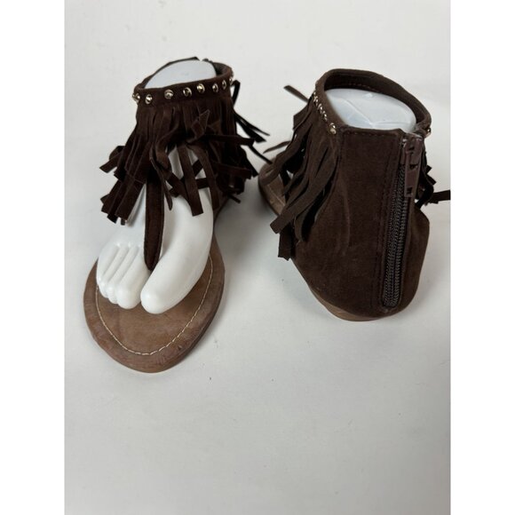 Brown Fringe Suede Flat Thong Sandals With Studded Accents & Zipper Closure For - Picture 13 of 15